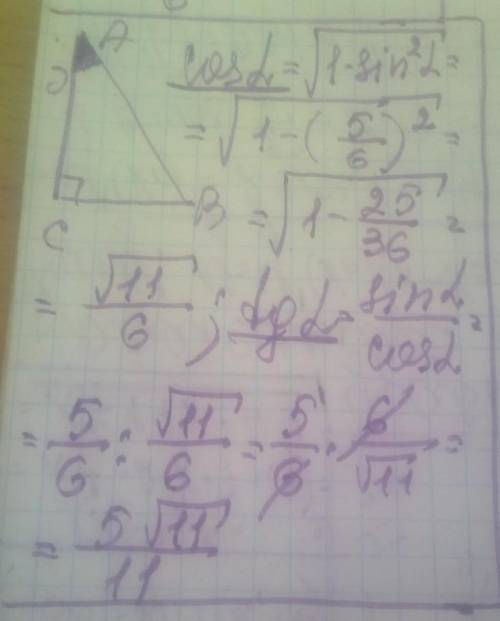 В прямокутному трикутнику ABC кут C-90°, sin a ((5 6)в дробе)Знайти cos a, tg a.​