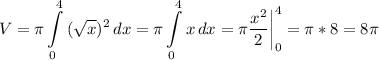 \displaystyle V=\pi \int\limits^4_0 {(\sqrt{x} )^2} \, dx =\pi \int\limits^4_0 {x} \, dx =\pi \frac{x^2}{2} \bigg |_0^4=\pi* 8=8\pi