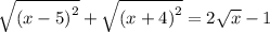 \sqrt{ {(x - 5)}^{2} } + \sqrt{{(x + 4)}^{2} } = 2 \sqrt{x} - 1