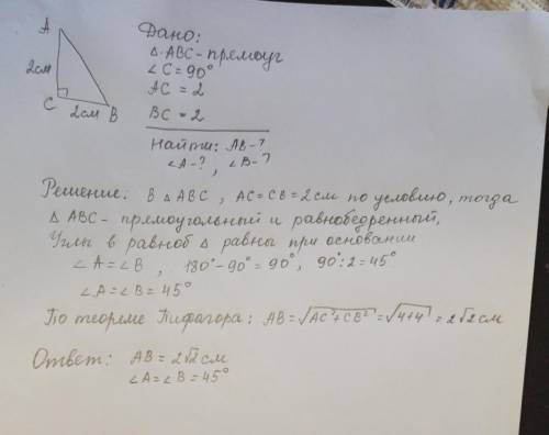 Здравствуйте ,решить задачу по геометрии. В прямоугольном треугольнике АВС,угол С=90°. АС=2;ВС=2. Ну