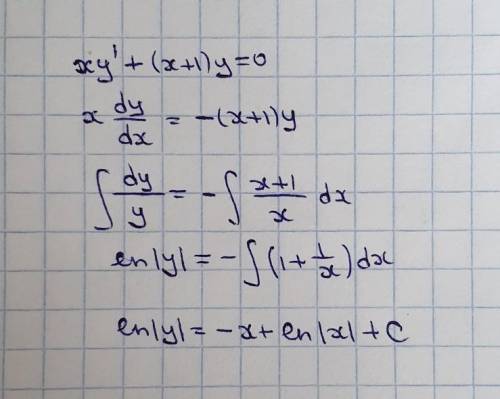 Знайти загальний розв'язок диференціального рівняння xy'+(x+1)y=0