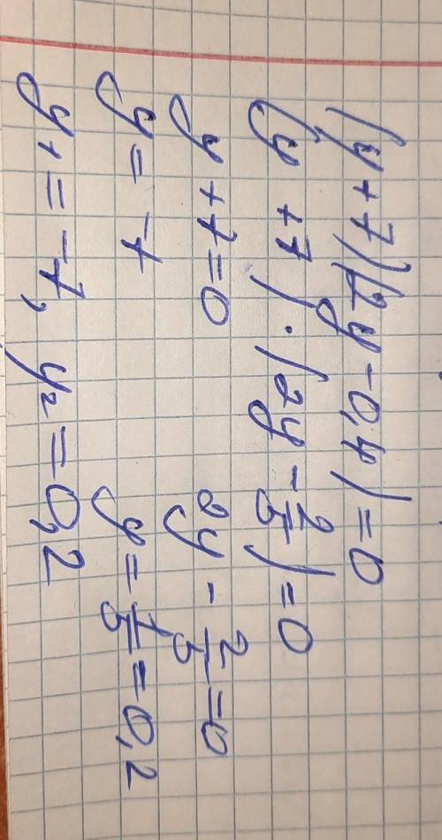 Розв'яжіть рівняння: (y + 7)(2у - 0,4) = 0.