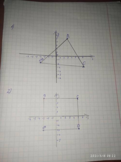 На координатной плоскости постройте: 1) треугольник по его вершинам: А(–4; –2); В(3; 5) и С(7; –3);