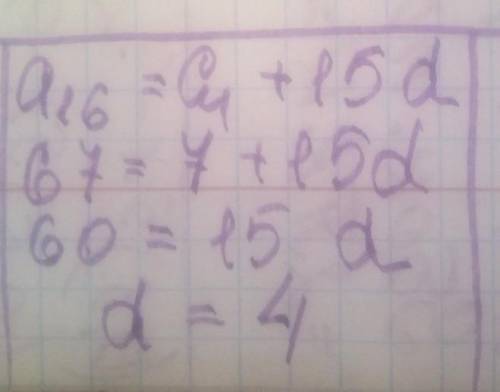 Знайдіть різницю арифметичної прогресії, якщо її перший член дорівнює 7, а шістнадцятий 67​