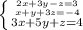 \left \{ {{2x+3y-z=3} \atop {x+y+3z=-4}} \atop {3x+5y+z=4} \right.