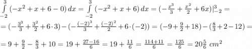 \int\limits^3_{-2} {(-x^2+x+6-0)} \, dx =\int\limits^3_{-2} {(-x^2+x+6)} \, dx =(-\frac{x^3}{3}+\frac{x^2}{2}+6x)|^3_{-2} = \\ \\ =(-\frac{3^3}{3}+\frac{3^2}{2}+6\cdot3)-(-\frac{(-2)^3}{3}+\frac{(-2)^2}{2}+6\cdot (-2))=(-9+\frac{9}{2}+18)-(\frac{8}{3}+2-12)=\\\\=9+\frac{9}{2}-\frac{8}{3}+10 =19+\frac{27-16}{6}=19+\frac{11}{6}=\frac{114+11}{6}=\frac{125}{6}=20\frac{5}{6} \ cm^2