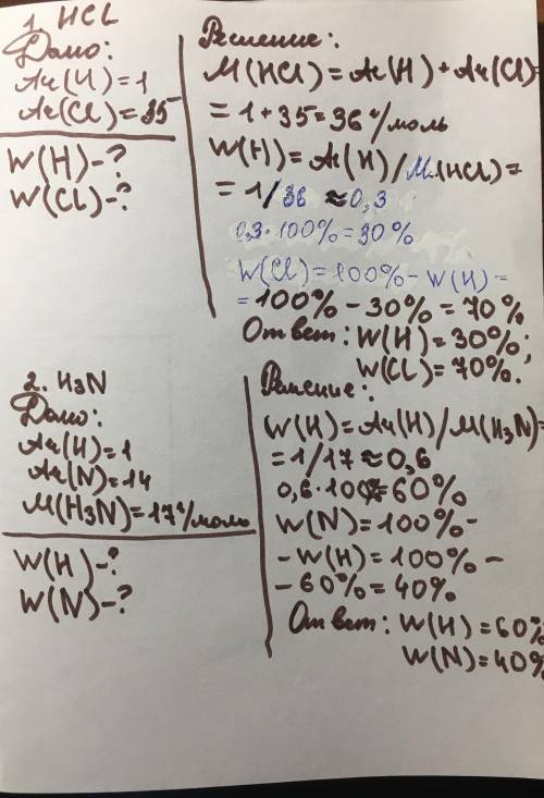 Рассчитайте массовую долю подчеркнутого элемента в соединении: 1. HCl; 2. H3N; 3. Mg3(PO4)2. 8 клас