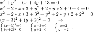 x^2+y^2-6x+4y+13=0\\x^2-2*x*3+y^2+2*y*2+9+4=0\\x^2-2*x*3+3^2+y^2+2*y*2+2^2=0\\(x-3)^2+(y+2)^2=0\ \ \ \ \Rightarrow\\\left \{ {{(x-3)^2=0} \atop {(y+2)^2=0}} \right.\ \ \ \ \left \{ {{x-3=0} \atop {y+2=0}}\ \ \ \ \left \{ {{x=3} \atop {y=-2}} \right. \right. .