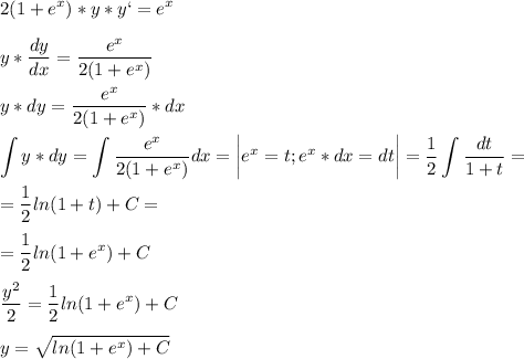 \displaystyle 2(1+e^x)*y*y`=e^x\\\\y*\frac{dy}{dx}=\frac{e^x}{2(1+e^x)}\\\\y*dy=\frac{e^x}{2(1+e^x)}*dx\\\\ \int y*dy=\int \frac{e^x}{2(1+e^x)}dx=\bigg|e^x=t; e^x*dx=dt\bigg|=\frac{1}{2} \int \frac{dt}{1+t}=\\\\=\frac{1}{2}ln(1+t)+C=\\\\=\frac{1}{2}ln(1+e^x)+C\\\\\frac{y^2}{2}=\frac{1}{2}ln(1+e^x)+C\\\\y=\sqrt{ln(1+e^x)+C}