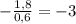 -\frac{1,8}{0,6} =-3