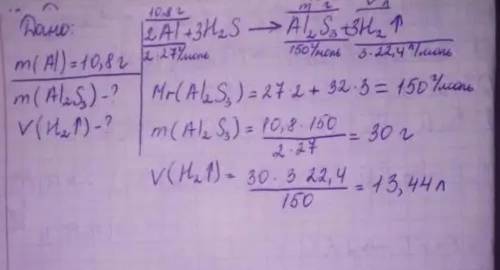 10,8 гр алюминия растворили в серной кислоте. Найти объём водорода и массу полученой соли