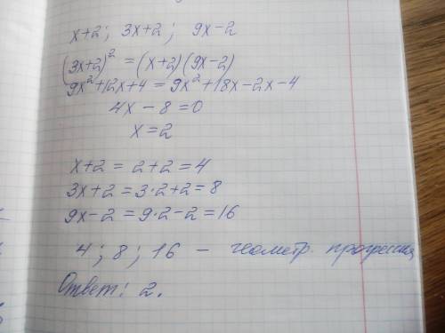 При якому значенні х числа х + 2, 3х + 2 і 9х - 2 є послідовними членами геометричної прогресії. Зна