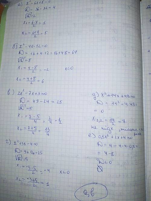 Виберіть рівняння, коренями яких є два додатних числа а) х2 – 6х +8 = 0 б) х2 – 4х – 12 = 0 в) 2х2 –