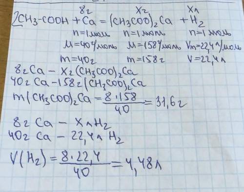 ВРЕМЕНИ НЕТобчисліть масу солі та об'єм водню що утворюється при взаємодії етанової кислоти з кальці