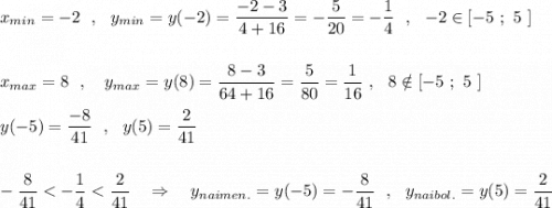 x_{min}=-2\ \ ,\ \ y_{min}=y(-2)=\dfrac{-2-3}{4+16}=-\dfrac{5}{20}=-\dfrac{1}{4}\ \ ,\ \ -2\in [-5\ ;\ 5\ ]\\\\\\x_{max}=8\ \ ,\ \ \ y_{max}=y(8)=\dfrac{8-3}{64+16}=\dfrac{5}{80}=\dfrac{1}{16}\ ,\ \ 8\notin [-5\ ;\ 5\ ]\\\\y(-5)=\dfrac{-8}{41}\ \ ,\ \ y(5)=\dfrac{2}{41}\\\\\\-\dfrac{8}{41}