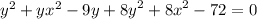 {y}^{2} + {yx}^{2} - 9y + {8y}^{2} + {8x}^{2} - 72 = 0