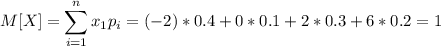 \displaystyle M[X]= \sum \limits_{i=1}^nx_1p_i=(-2)*0.4 + 0*0.1 + 2*0.3 + 6*0.2 = 1