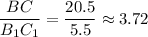 \dfrac{BC}{B_1C_1} = \dfrac{20.5}{5.5} \approx 3.72