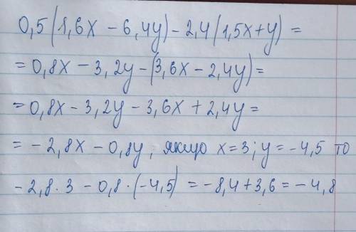 МАТЕМАТИКА Спростіть вираз і обчисліть його значення 0,5×(1,6x-6,4y)-2,4×(1,5х+у), якщо х= 3; у= -4,