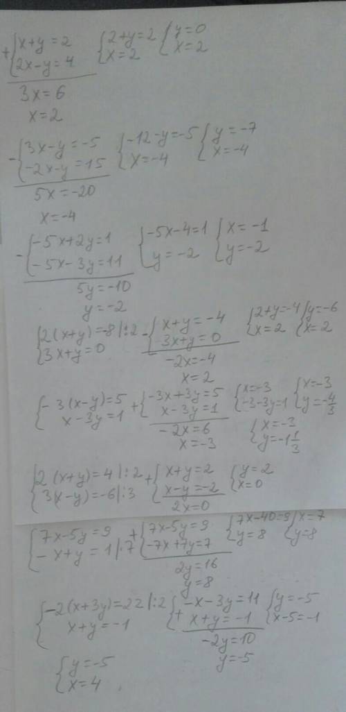 решить систему уравнений, если не понятно все на картинке. x +y-2 2x-y4[3x - y-5 1-2x -y-15J-5x +2y