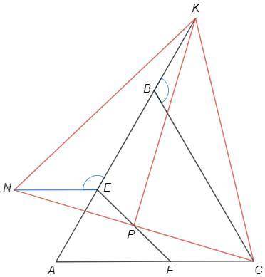 Треугольник АВС равносторонний. На сторонах АВ и АС выбрали точки Е и F, а на продолжении стороны АВ