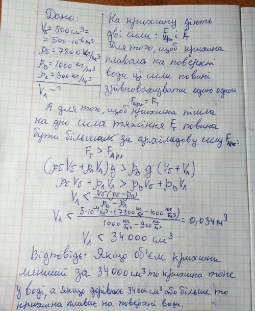 яким може бути найбільший об'єм крижин, що плаває у воді, якщо залізний брусок об'ємом 500 см3, прим