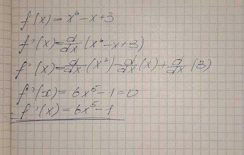 Знайдіть f '(x), якщо f(x)=x^6-x+3 6x^6-x+3 6x^6-1 6x^5-x+3 6x^5-1