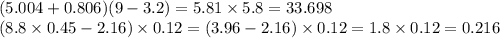 (5.004 + 0.806)(9 - 3.2) = 5.81 \times 5.8 = 33.698 \\ (8.8 \times 0.45 - 2.16) \times 0.12 = (3.96 - 2.16) \times 0.12 = 1.8 \times 0.12 = 0.216