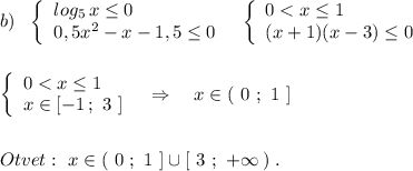 b)\ \ \left\{\begin{array}{l}log_5\, x\leq 0\\0,5x^2-x-1,5\leq 0\end{array}\right\ \ \left\{\begin{array}{l}0