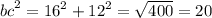 {bc}^{2} = {16}^{2} + {12}^{2} = \sqrt{400} = 20