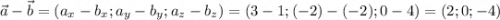 \displaystyle \vec a - \vec b = (a_x - b_x; a_y - b_y; a_z - b_z) = (3 - 1; (-2) - (-2); 0 - 4) = (2; 0; -4)