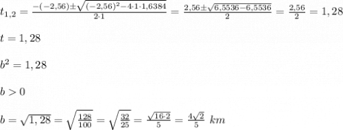 t_{1,2}=\frac{-(-2,56)\pm\sqrt{(-2,56)^2-4\cdot 1\cdot 1,6384}}{2\cdot 1 }=\frac{2,56\pm\sqrt{6,5536-6,5536}}{2}=\frac{2,56}{2}=1,28 \\ \\ t=1,28 \\ \\ b^2=1,28 \\ \\ b0 \\ \\ b=\sqrt{1,28}=\sqrt{\frac{128}{100}}=\sqrt{\frac{32}{25}}=\frac{\sqrt{16\cdot 2}}{5}=\frac{4\sqrt{2}}{5} \ km