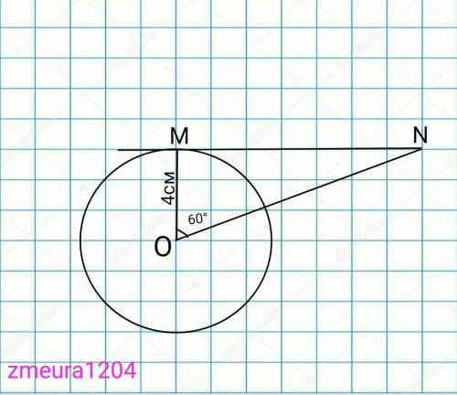 M-точка дотику дотичної MN до кола радіуса 4 см із центром O. MON=60°. Знайдіть відстань від точки N