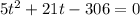 5t^2+21t-306=0