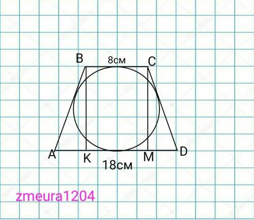 Знайти площу круга, вписаного у рівнобічну трапецію з основами 8см і 18 см