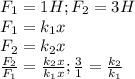 F_{1}= 1 H; F_{2}= 3H\\F_{1}=k_{1}x\\F_{2}=k_{2}x\\\frac{F_{2}}{F_{1}} = \frac{k_{2}x}{k_{1}x} ; \frac{3}{1} =\frac{k_{2}}{k_{1}}