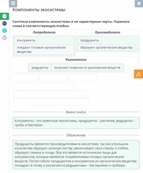 Соотнеси компоненты экосистемы и их характерные черты. Перенеси слова в соответствующие ячейки.Потре