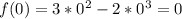 f(0) = 3 * 0^{2} - 2 * 0^{3} = 0