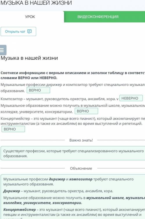 Соотнеси информацию с верным описанием и заполни таблицу в соответствии со словами ВЕРНО или НЕВЕРНО