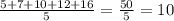 \frac{5 + 7 + 10 + 12 + 16}{5} = \frac{50}{5} = 10