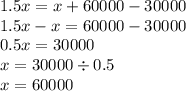 1.5x = x + 60000- 30000 \\ 1.5x - x = 60000 - 30000 \\ 0.5x = 30000 \\ x = 30000 \div 0.5 \\ x = 60000