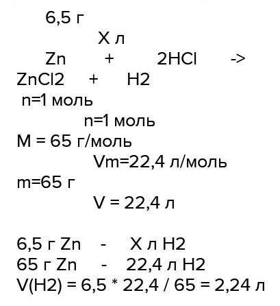 ОЧЕНЬ Рассчитайте объем водорода который выделится при взаимодействии 6,5 г цинка с разбавленной сол