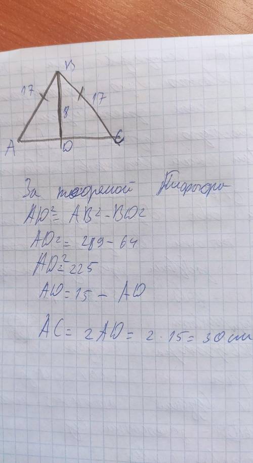 В равнобедренном треугольнике боковые стороны равны 17, а высота проведенная к основнанию равна 8 см