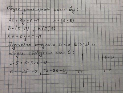 Составить уравнение прямой, проходящей через точку В (5; 3) и имеющей нормальный вектор = (5; 0). Мо