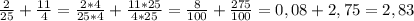 \frac{2}{25} + \frac{11}{4} = \frac{2 * 4}{25 * 4} + \frac{11*25}{4*25} = \frac{8}{100} + \frac{275}{100} = 0,08 + 2,75 = 2,83