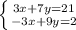 \left \{ {{3x+7y = 21} \atop {-3x+9y = 2}} \right.