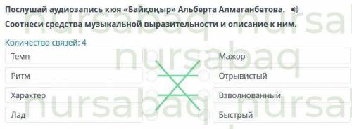 Байконур. Определи темп,ритм,характер,лад.Количество связей: 4 темп,ритм ,характер,лад. мажор,отрыви