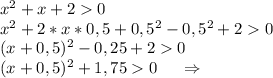 x^2+x+20\\x^2+2*x*0,5+0,5^2-0,5^2+20\\(x+0,5)^2-0,25+20\\(x+0,5)^2+1,750\ \ \ \ \Rightarrow\\