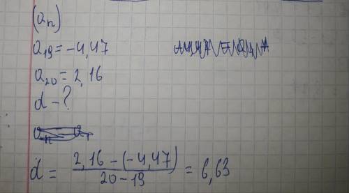 Дано члени арифметичної прогресії a19= –4,47 і a20=2,16 Обчислити різницю прогресії d=