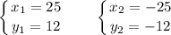 \displaystyle \left \{ {{x_1=25} \atop {y_1=12}} \right. \qquad \left \{ {{x_2=-25} \atop {y_2=-12}} \right.